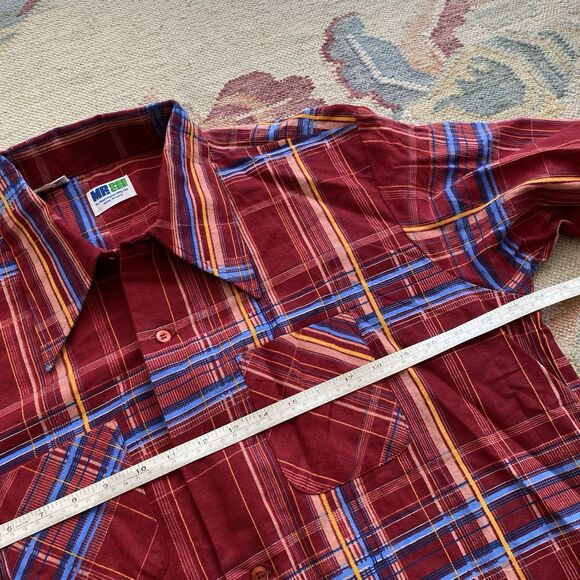 Vintage Mr Dee Cee Shirt 70s Deadstock Flannel Big Collar Plaid Red Blue XL - Picture 6 of 8